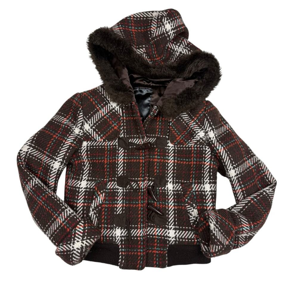 Ci Sono Y2K Brown Plaid Hooded Jacket